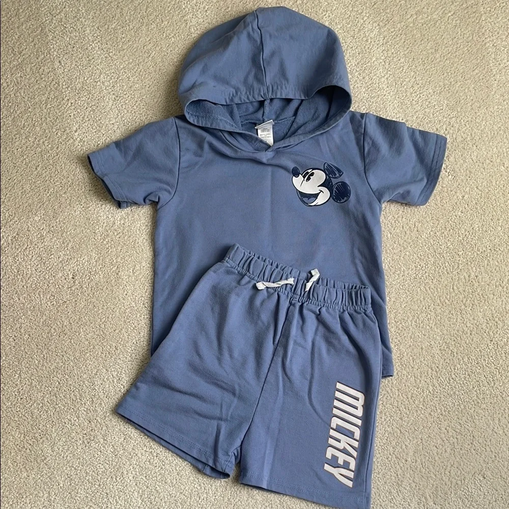 Disney Kids Blue Mickey Hooded Tee & Shorts Matching Set